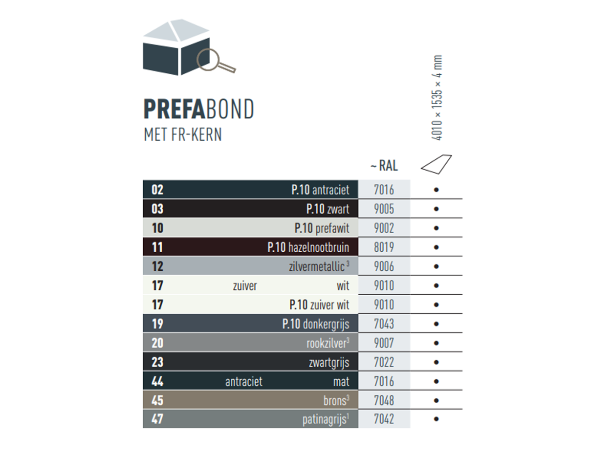 Kleurentabel die laat zien in welke kleuren aluminium composietplaat PREFABOND leverbaar is. De aluminium composietplaat PREFABOND is leverbaar in verschillende P.10- en standaardkleuren.