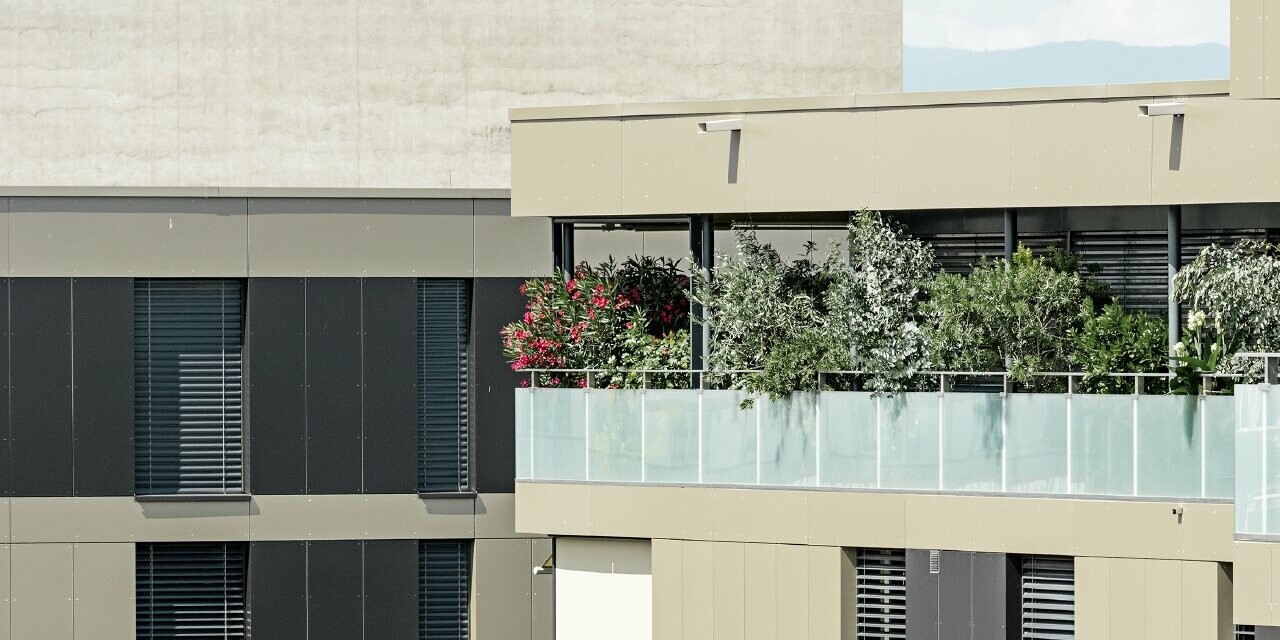 Complexe résidentiel aux immeubles cubiques — Façades en aluminium PREFA de couleur bronze avec des éléments gris noir