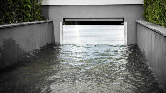 Der PREFA Hochwasserschutz schützt die Garageneinfahrt vor Überflutung durch Hochwasser