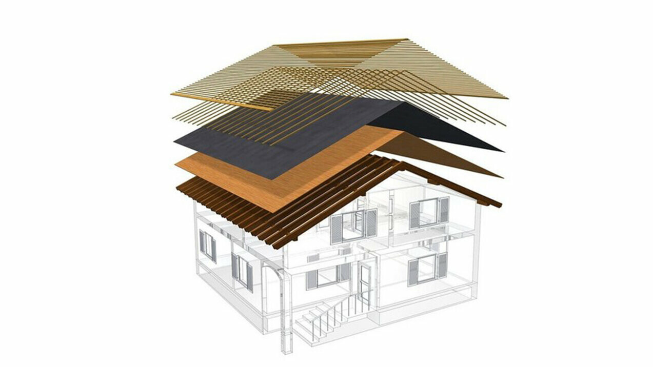 Technische weergave van de constructie van een koud dak, een meerlaagse dakconstructie met latwerk, volledig dakbeschot, scheidingslaag, dakspanten; de zolder kan als woonruimte worden gebruikt; dubbellaagse dakconstructie, geventileerde dakconstructie; contralatten