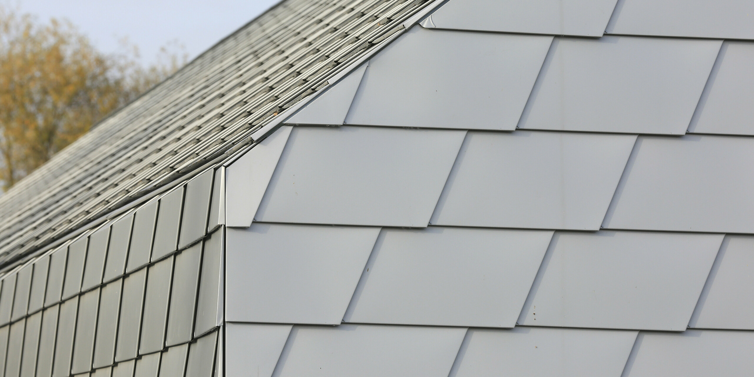 Transition fluide du toit à la façade avec les bardeaux petit format de PREFA à l'association de protection des animaux de Mullhouse