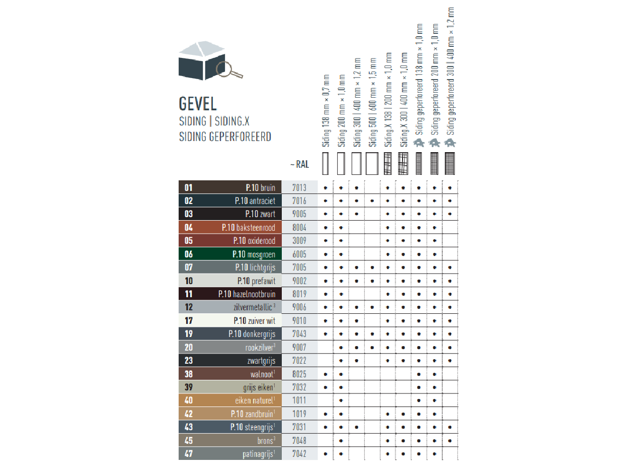 Kleurentabel die laat zien in welke kleuren PREFA Siding en Siding.X leverbaar zijn. PREFA Siding en Siding.X zijn leverbaar in verschillende P.10- en standaardkleuren.